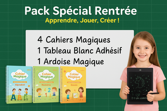 Pack Spécial rentrée 6 en 1 : 4 Cahier magique + 1 Ardoise magique + 1 Tableau Adhésif blanc